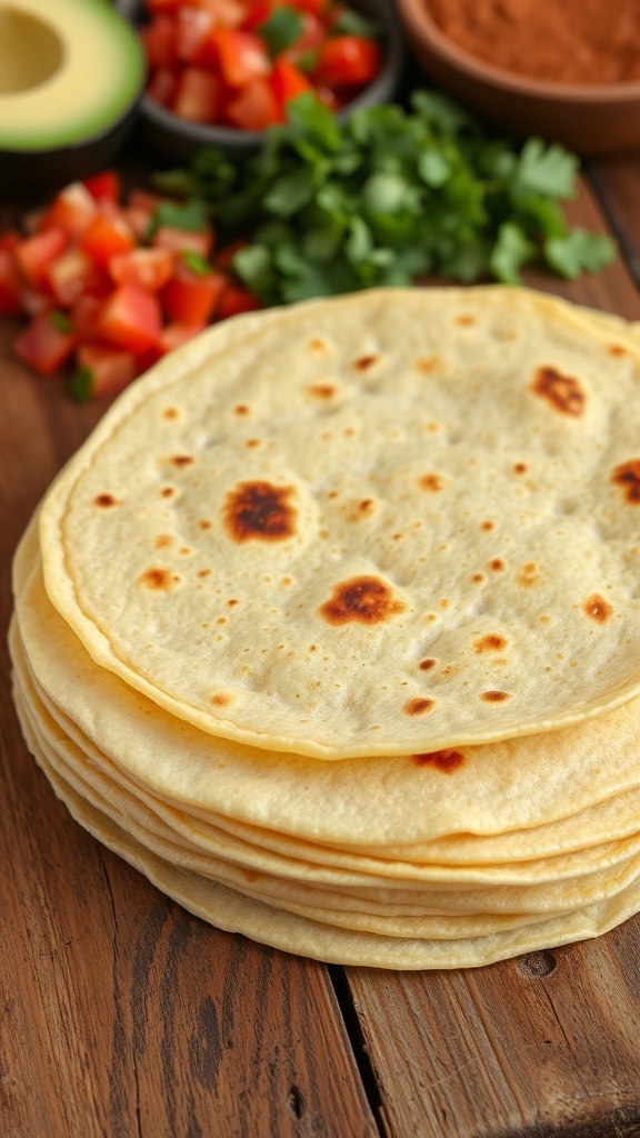 Homemade Corn Tortillas Recipe A stack of warm corn tortillas on a wooden table with fresh ingredients for tacos.